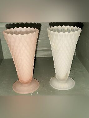 2- Vintage Pink/White Frosted Indiana Glass Diamond Point Style Flower Vase